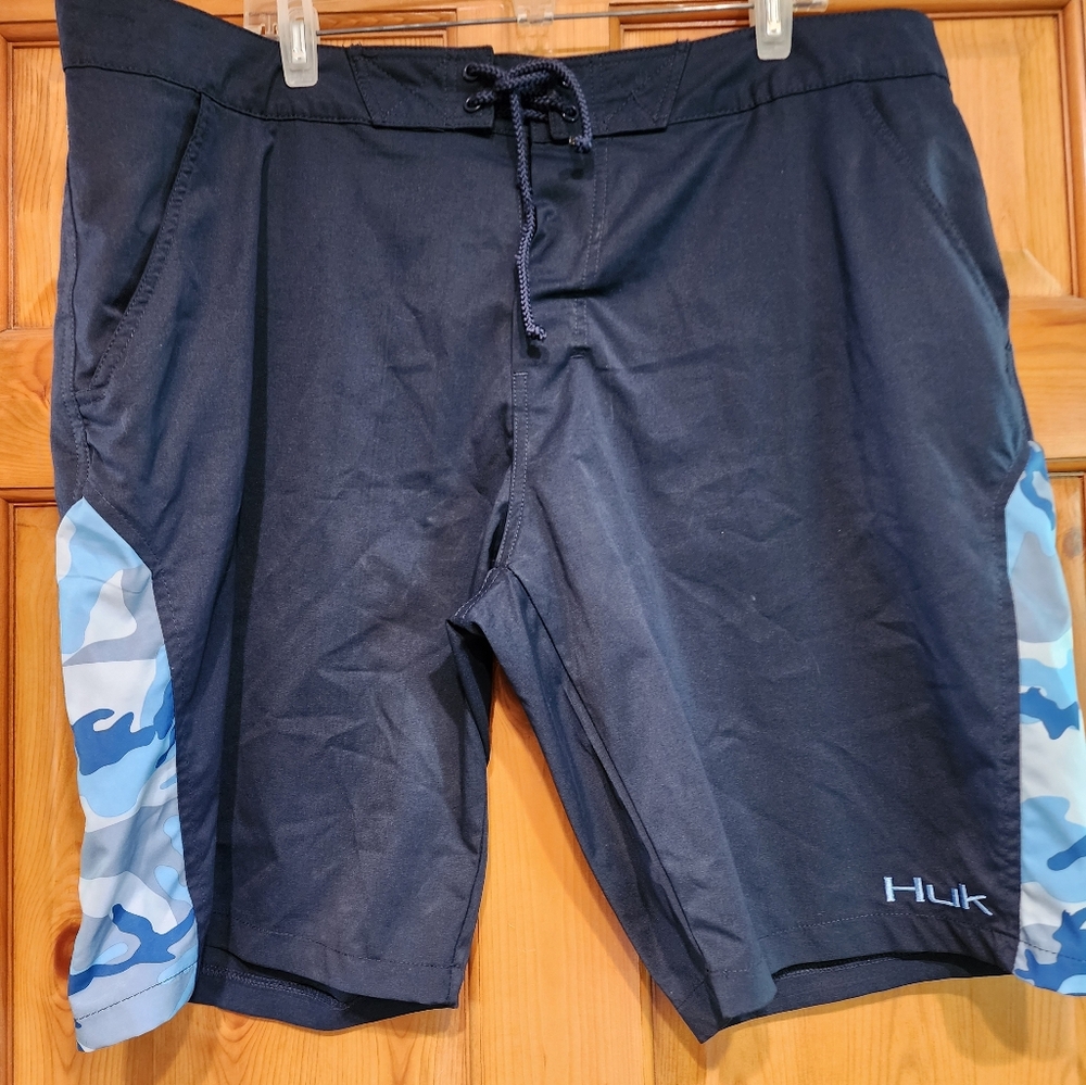 Huk Men's Navy Swim Shorts with Blue Camo Accents, Size 40